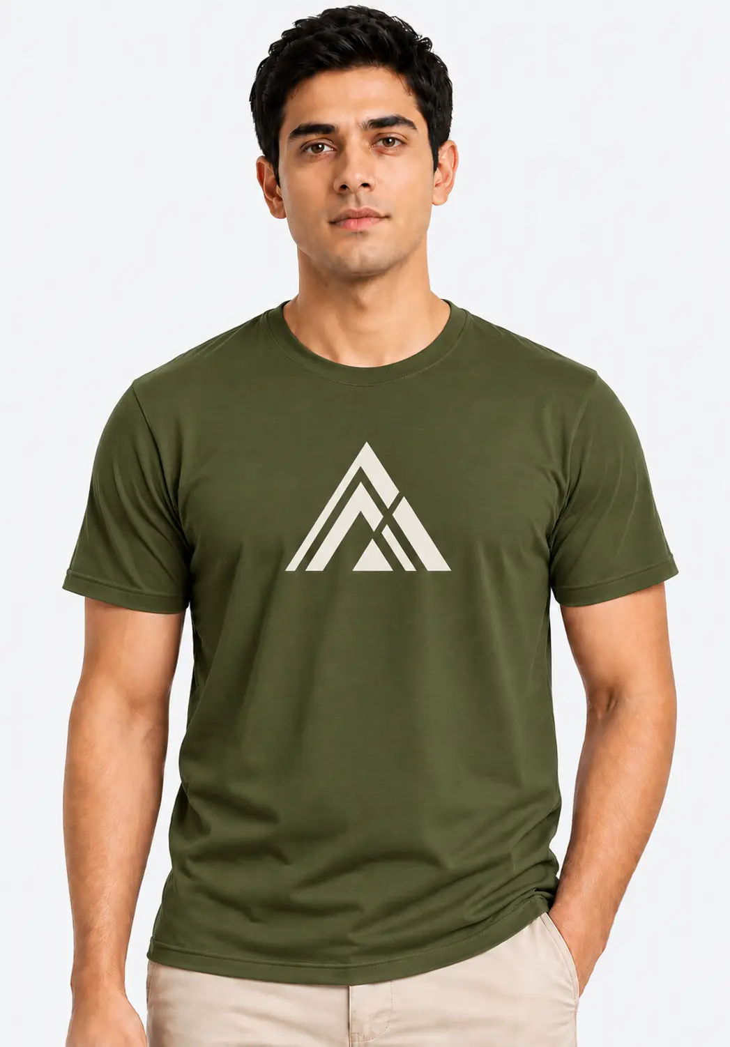 Olive green branded T-shirt with a cream geometric chest logo, suitable for customized T-shirts, corporate apparel and promotional merchandise.