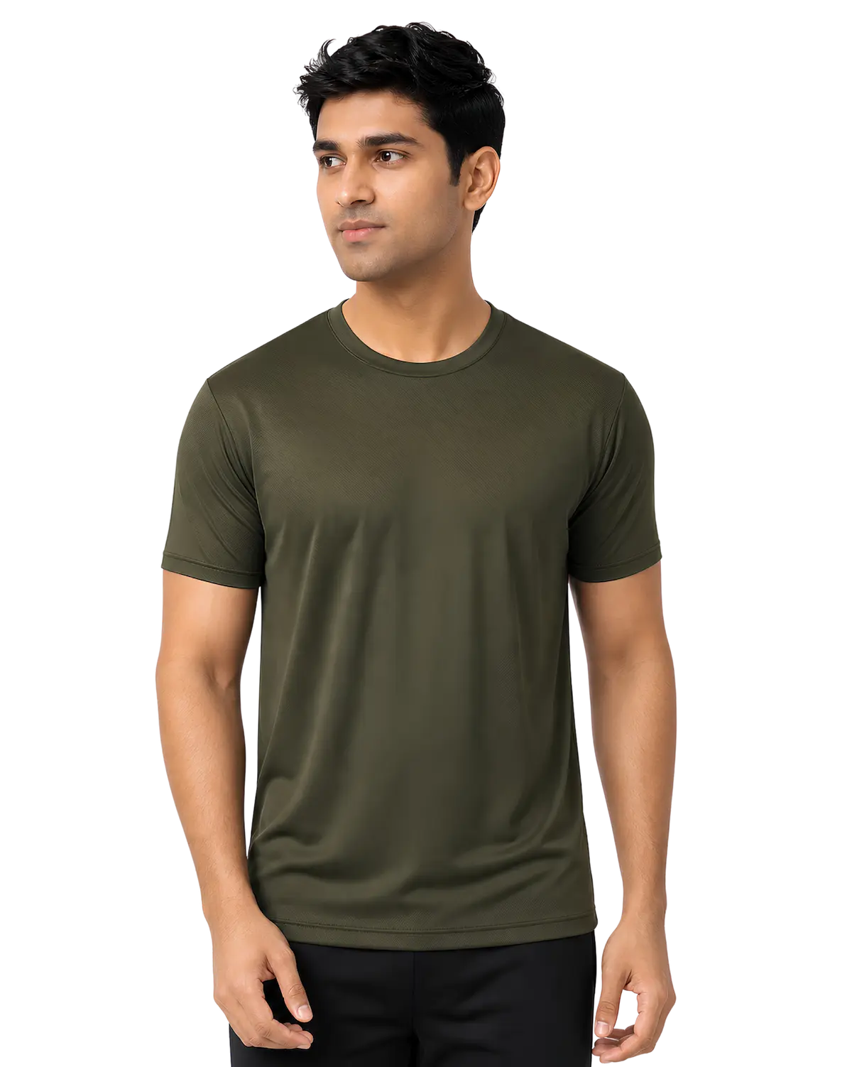 Olive green round neck polyester t shirt for men
