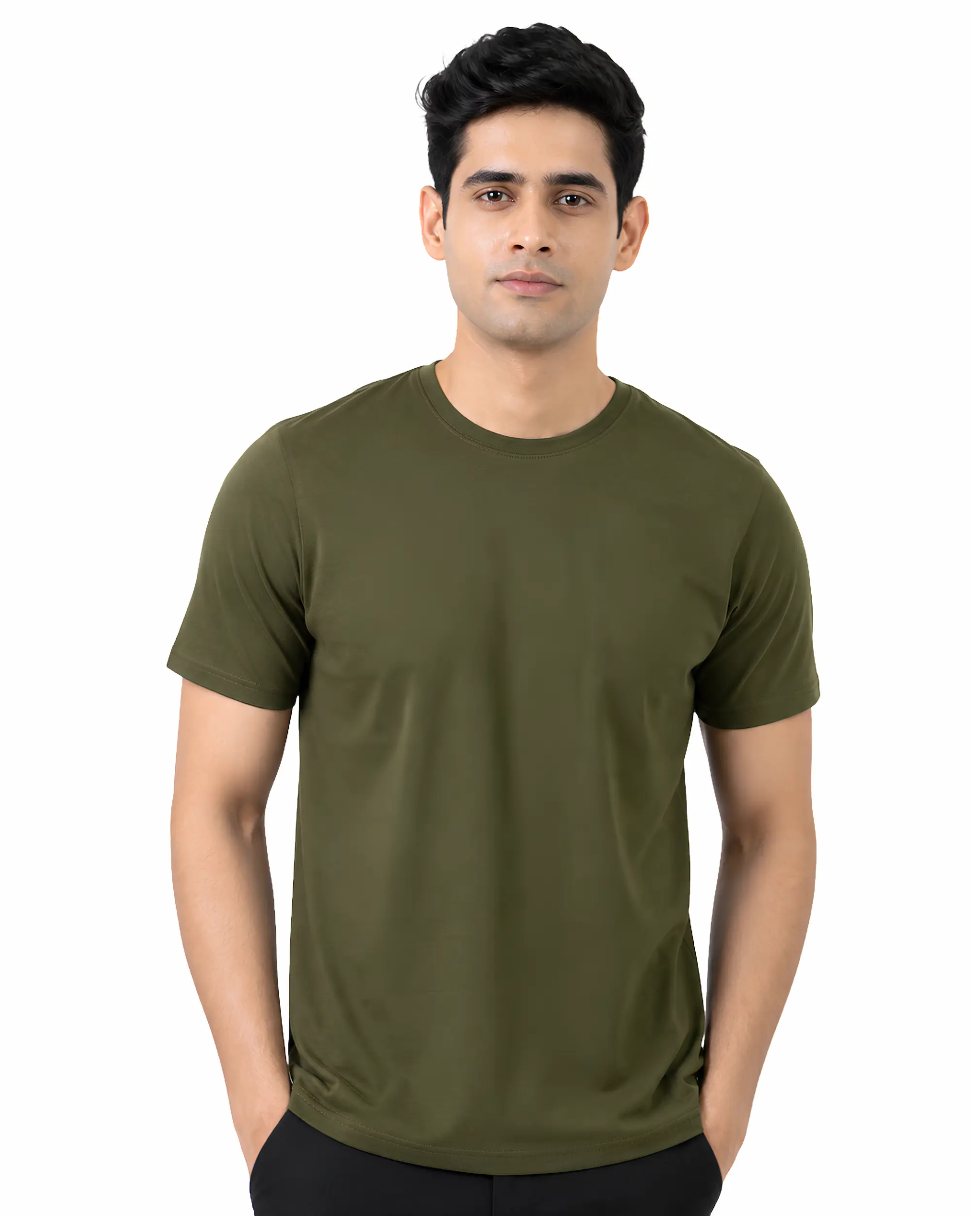 olive green plain cotton round neck t shirt for men
