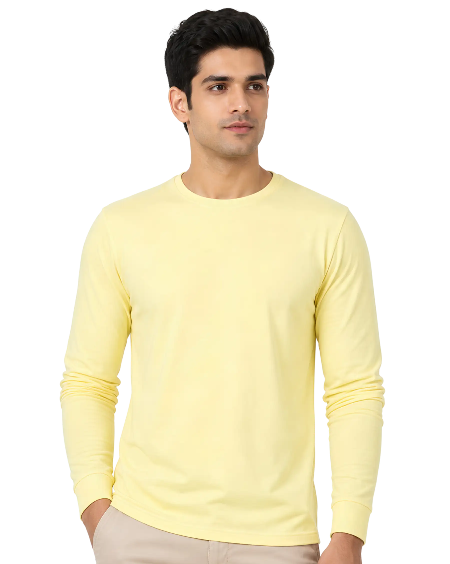 Pale yellow round neck full sleeve t shirt for men for custom branding