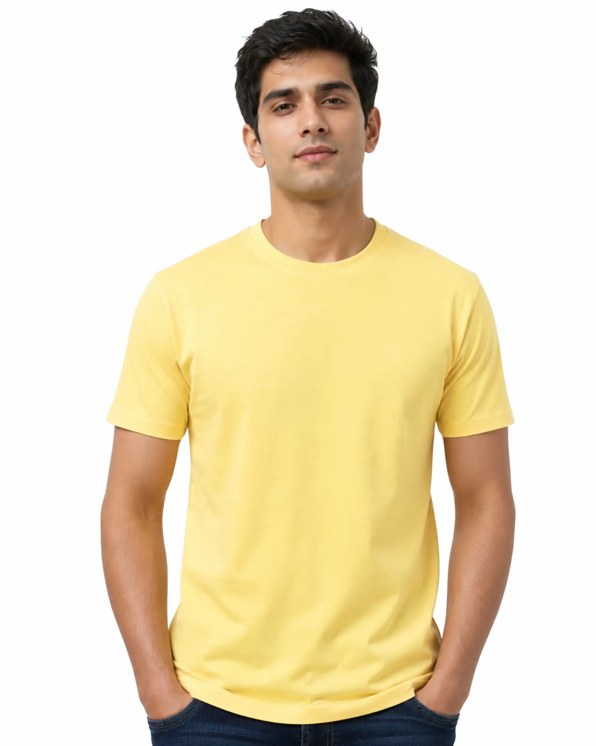 pale yellow plain cotton round neck t shirt for men