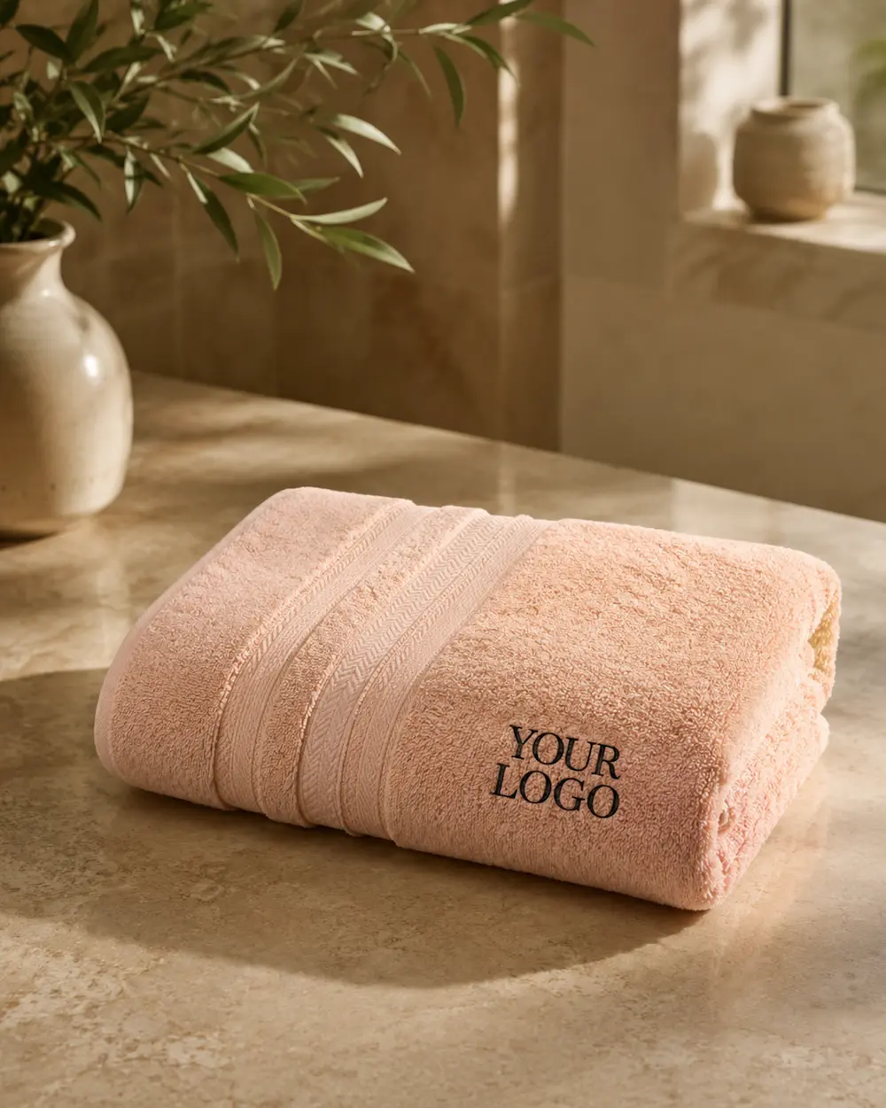 Peach promotional bath towel with embroidered logo, ideal for personalized gifting and branded towel collections.