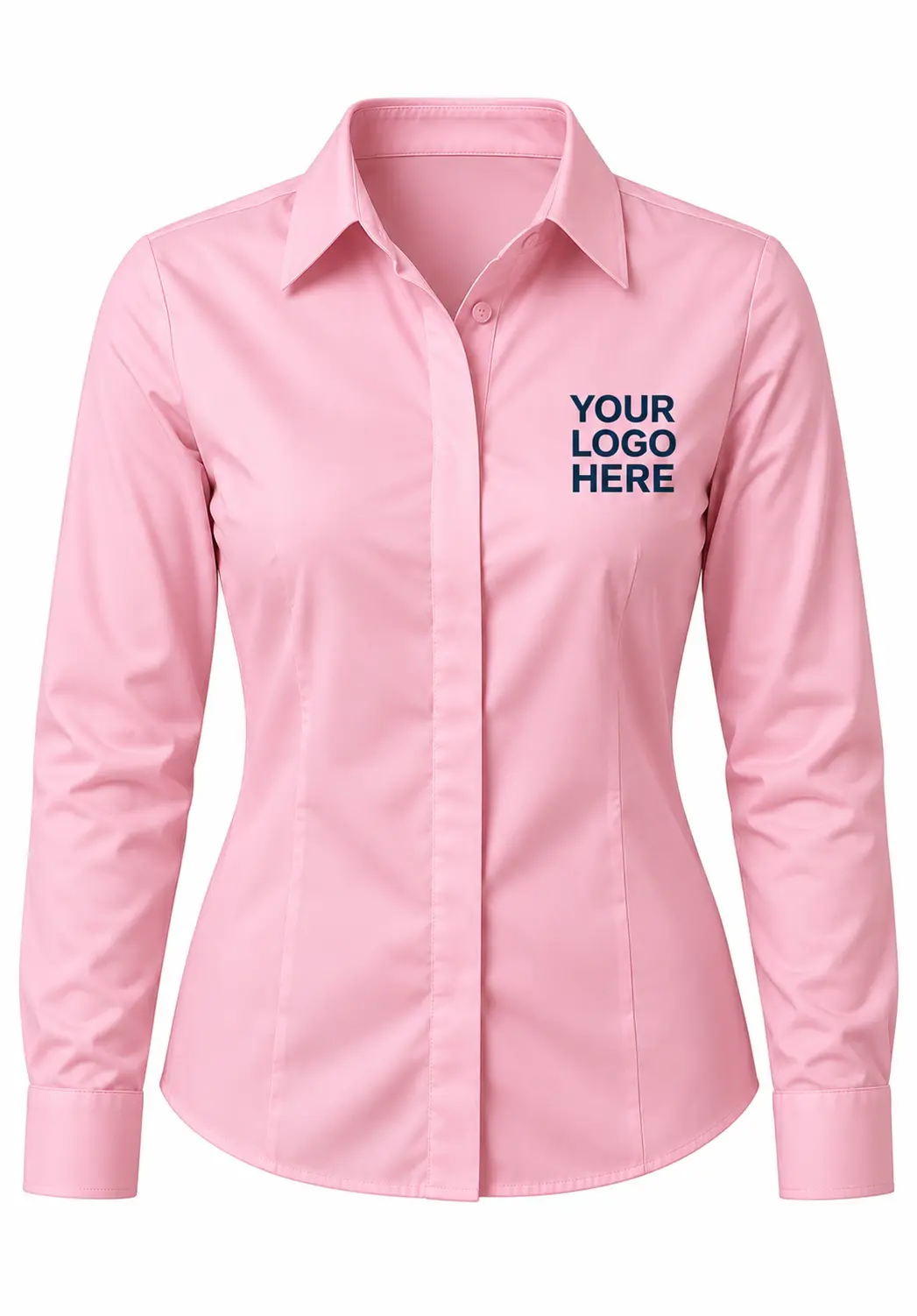 Pink women's long sleeve shirt with custom embroidered-style navy chest branding for corporate uniforms in India.