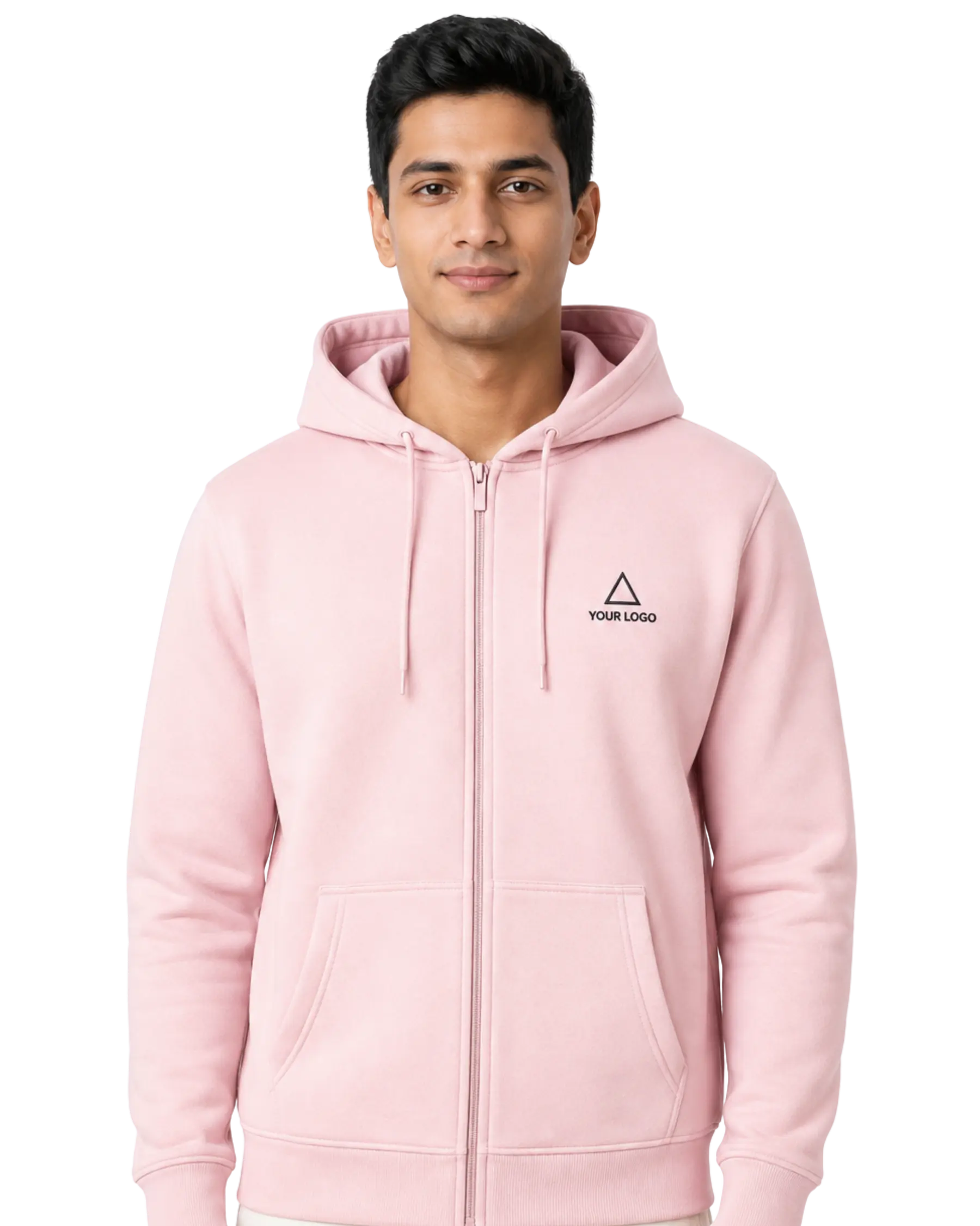 embroidered zipper hoodie for men pink front