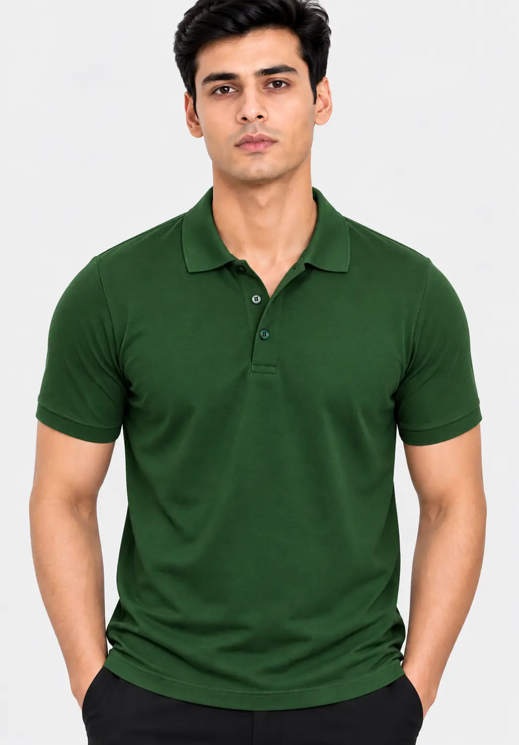 Dark green plain polo T-shirt for men with a classic polo collar, short sleeves and a solid colour finish for casual and corporate wear.