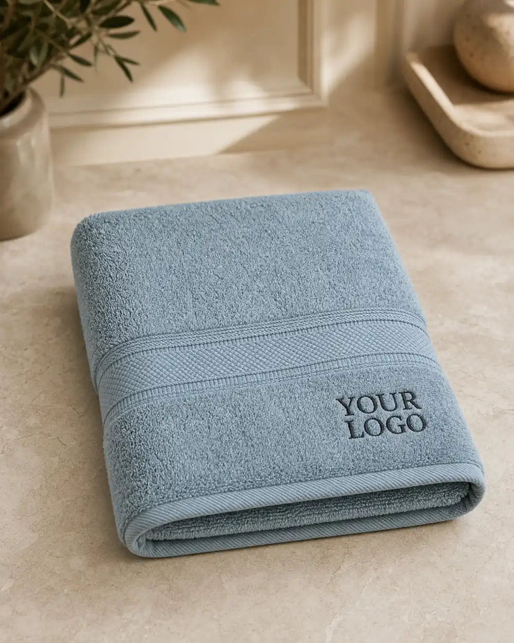 Powder blue embroidered promotional towel with custom logo, ideal for personalized gifts and corporate branding.