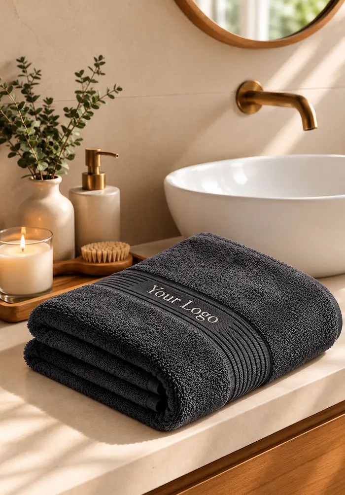 Premium bath towel in charcoal grey with custom logo for hotels and homes