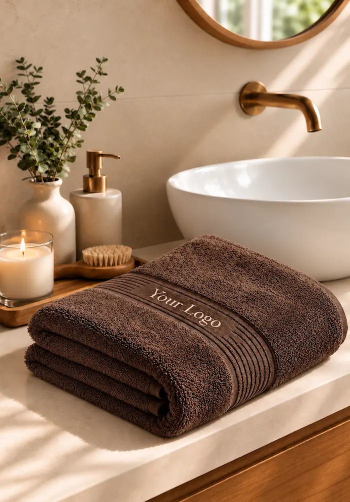 Premium bath towel in chocolate brown with custom logo branding