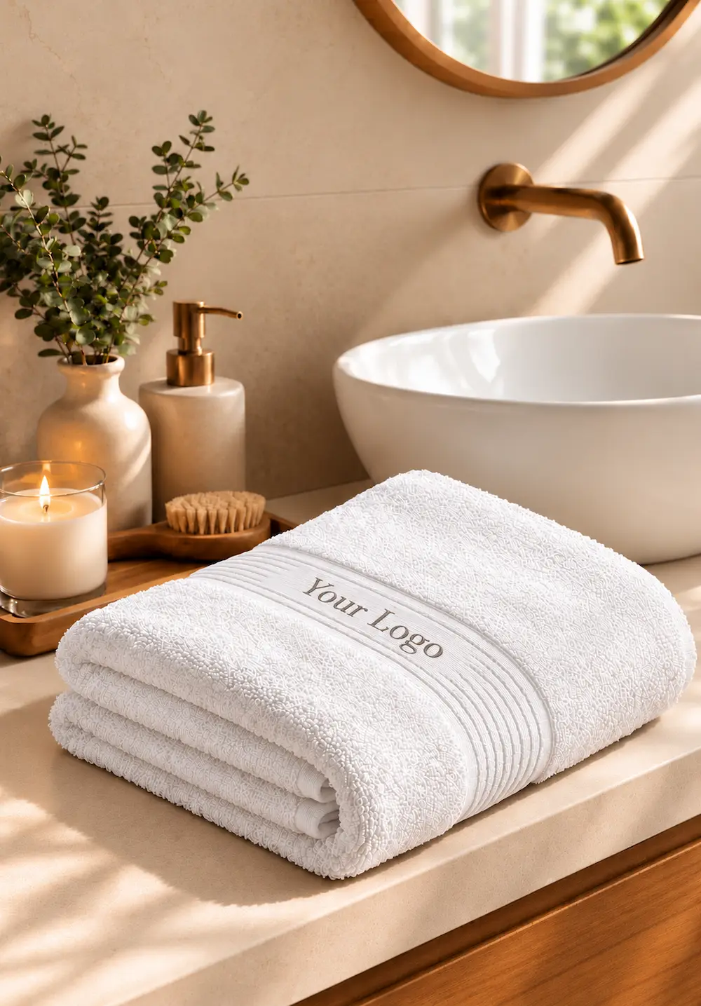 Premium white bath towel with custom logo branding for hotels and homes