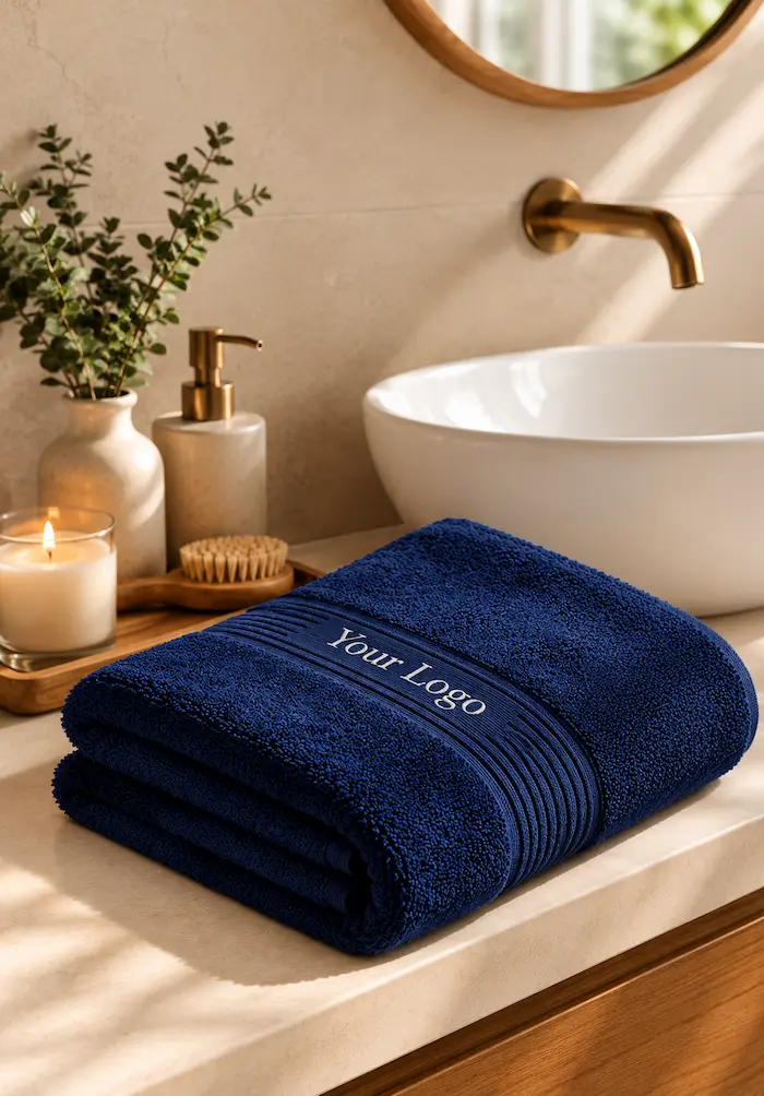 Premium bath towel in deep navy blue with custom logo branding