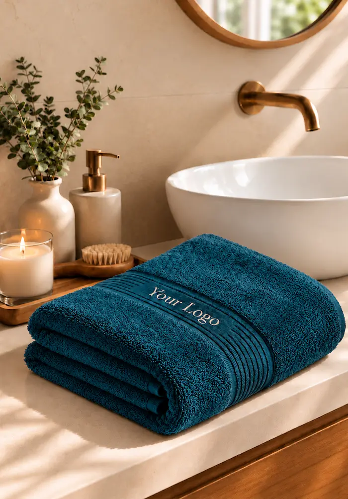 Premium bath towel in deep teal blue with personalized logo