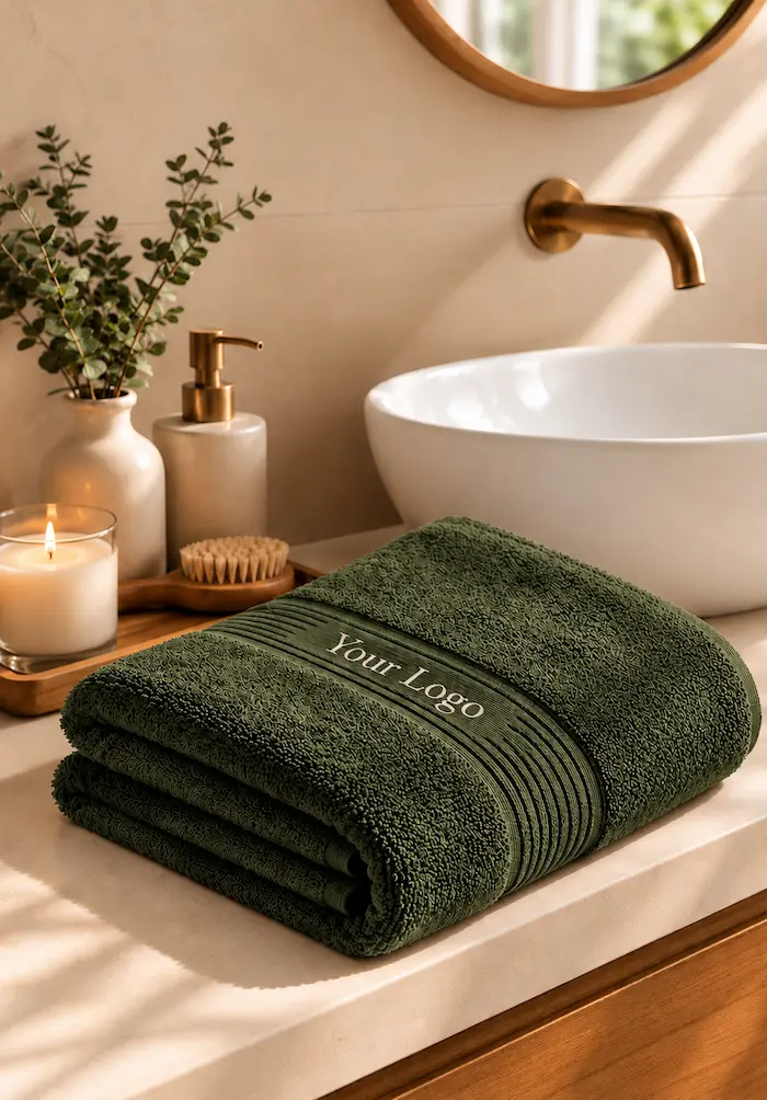 Premium bath towel in olive green with personalized logo branding