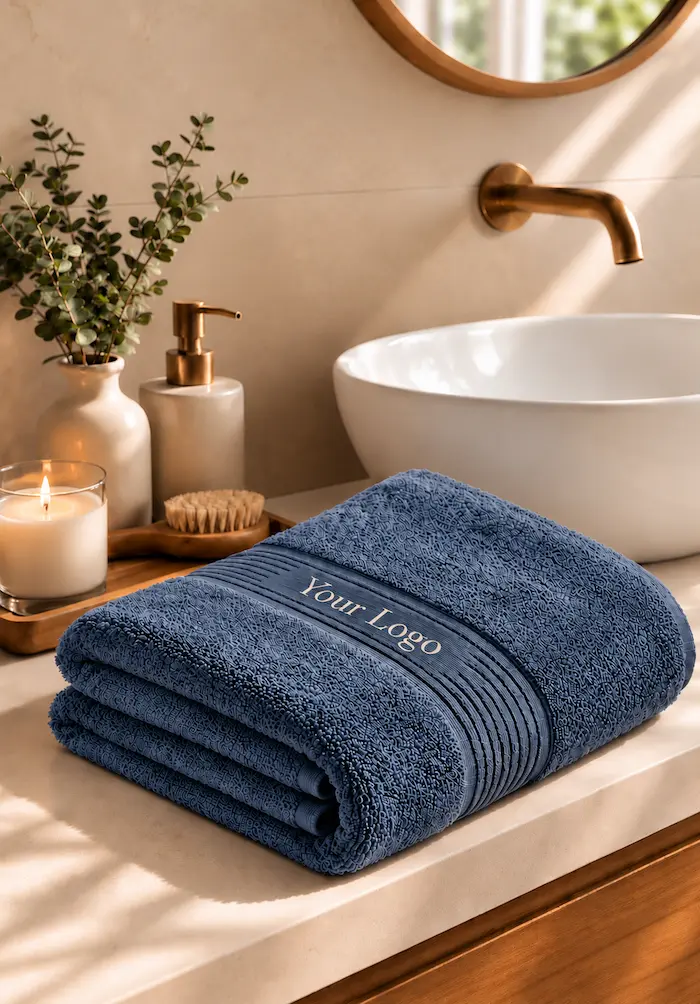 Premium bath towel in slate blue with custom logo branding