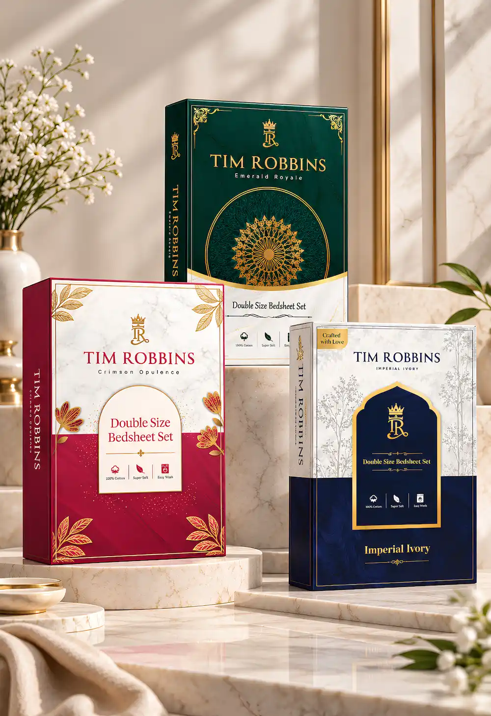 Tim Robbins premium bedsheet gift box collection with double bed sheet gift sets in emerald green, crimson red, and imperial ivory packaging