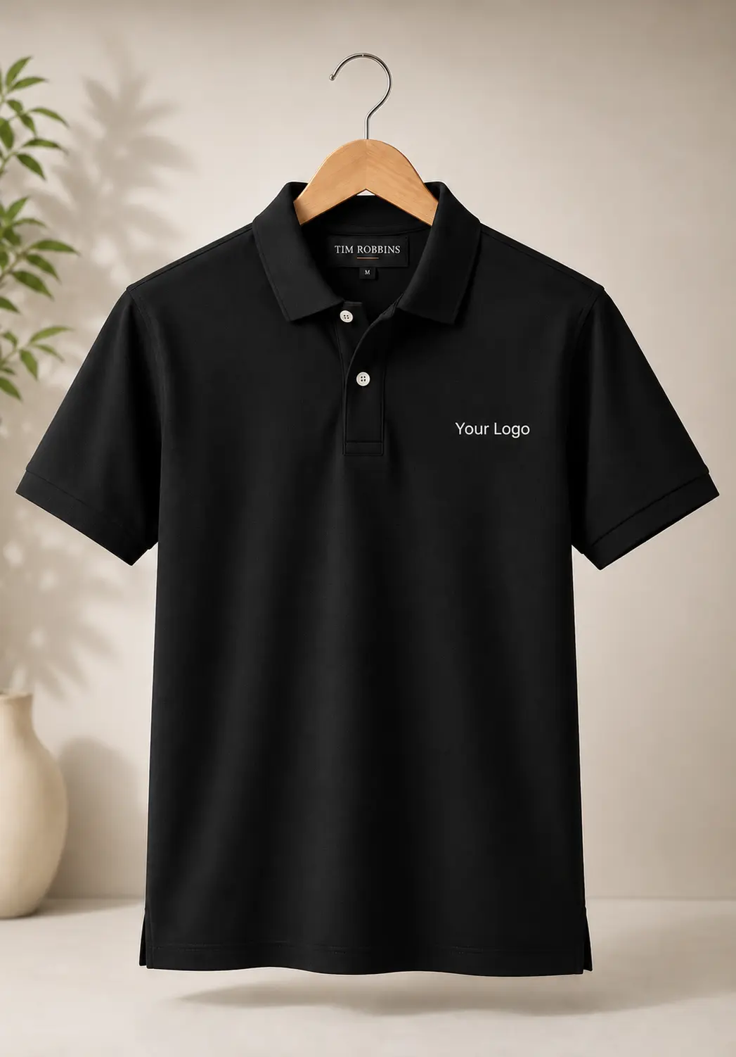 Premium black polo t shirt for men with classic polo collar and custom logo
