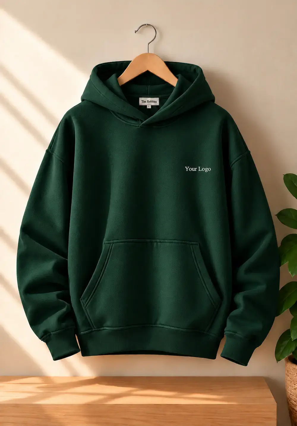 Premium forest green hoodie for men with customizable logo placement