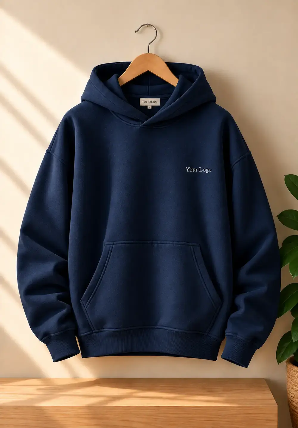 Premium navy blue hoodie for men with custom branding and front pocket