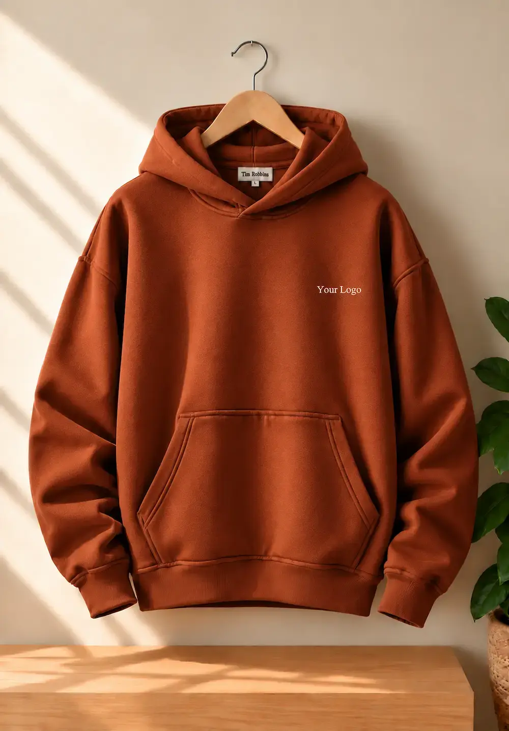 Premium rust orange hoodie for men with custom logo and classic pullover style