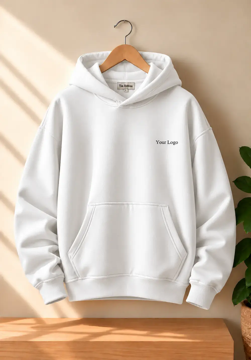Premium white hoodie for men with custom logo and classic pullover style