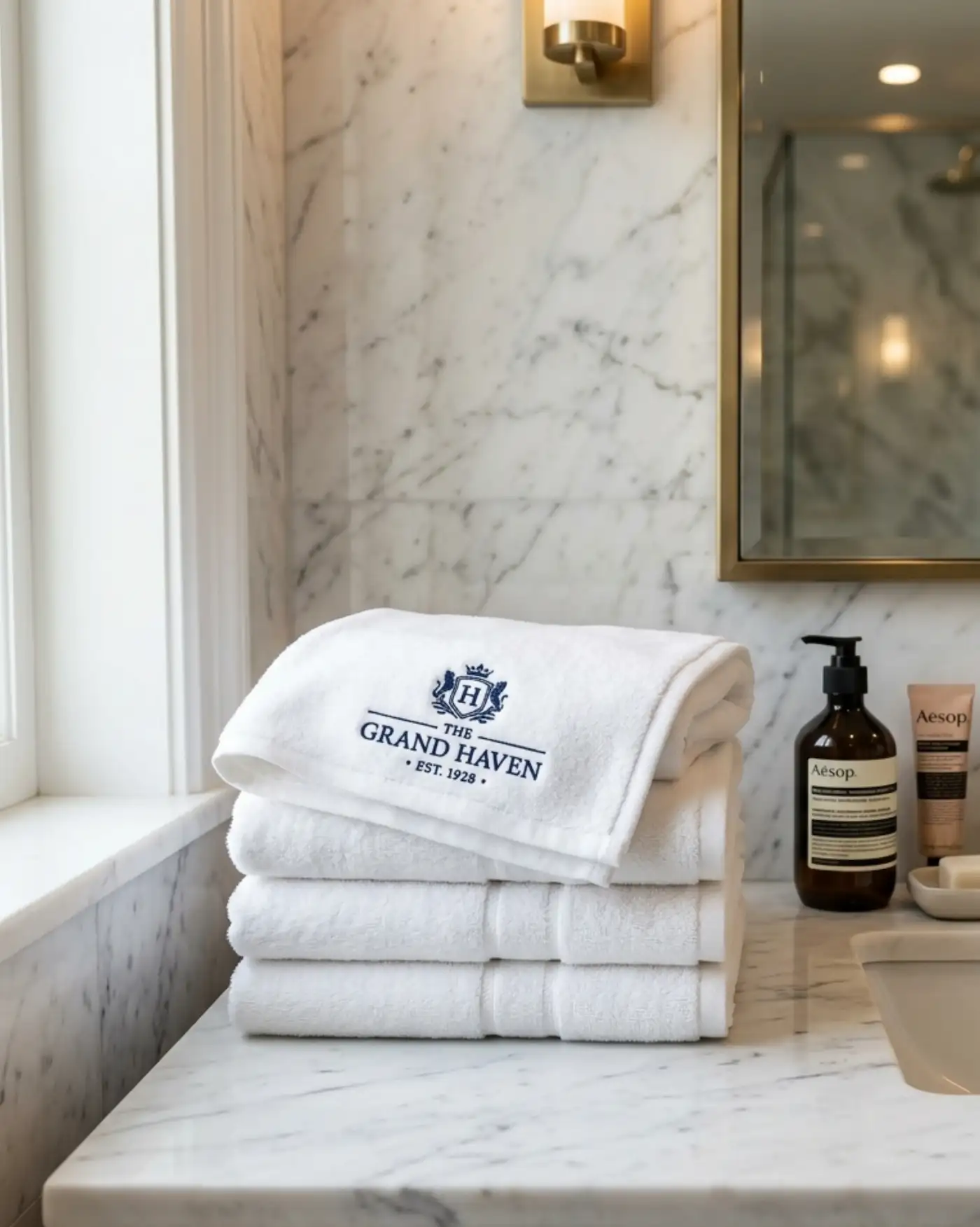 Premium white hotel logo embroidery towels with custom hotel branding for luxury hospitality and resorts