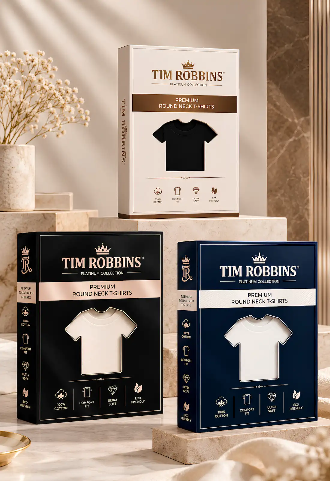 Premium Tim Robbins T-shirt gift box for men featuring black, navy blue and cream packaging with round-neck T-shirt designs for corporate gifting and special occasions.