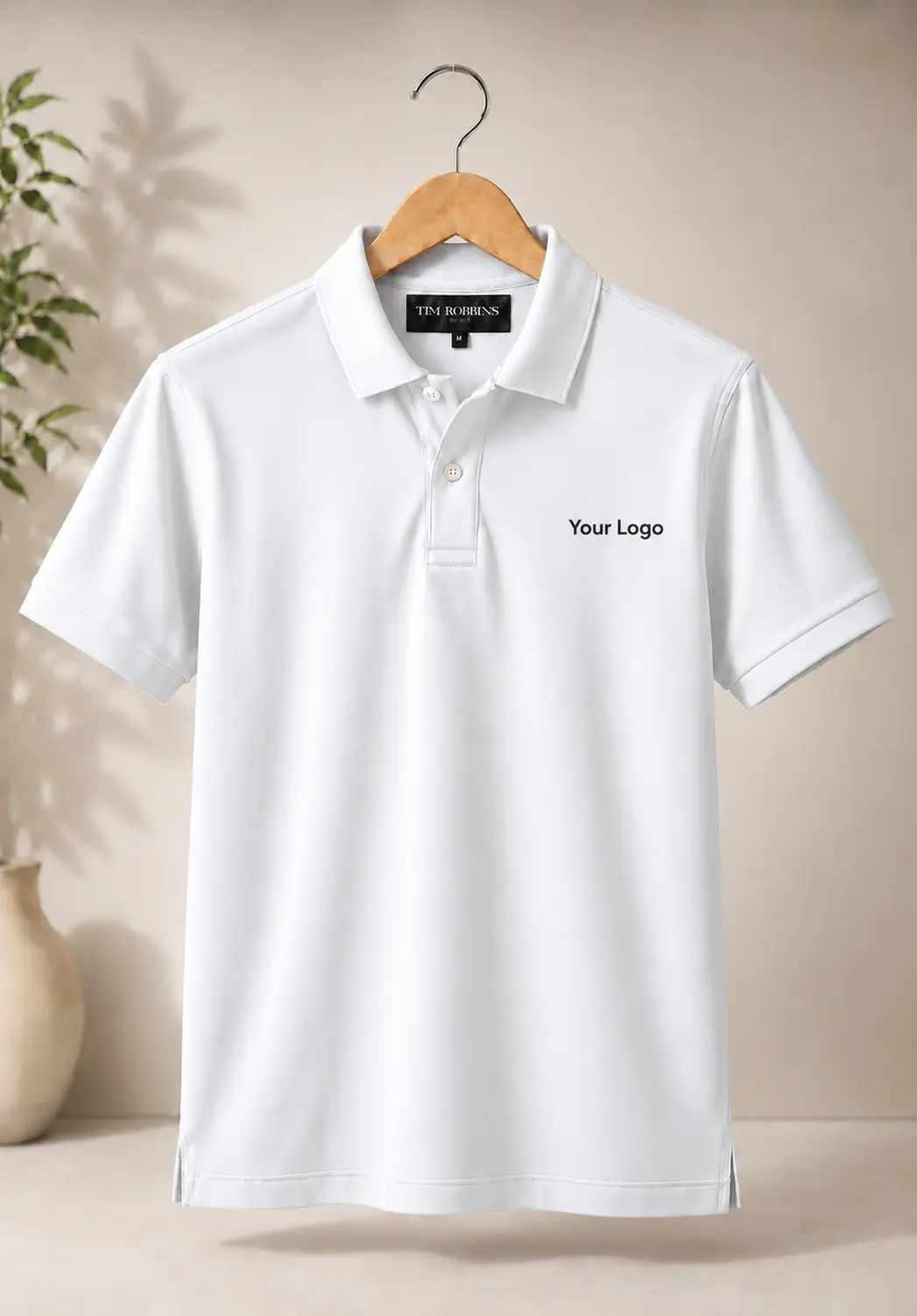 Premium white polo t shirt for men with classic collar and custom branding