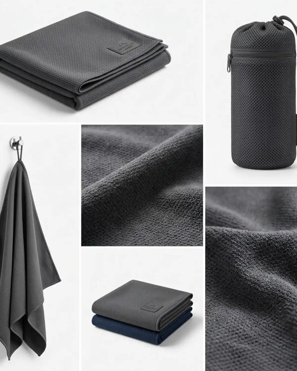 Quick dry travel towel in charcoal grey with compact carry pouch, ideal lightweight towel for travel