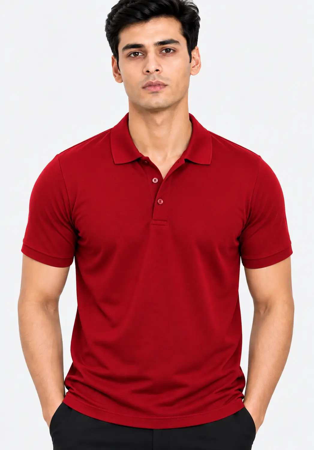 Red polo collar T-shirt for men with short sleeves, a button placket and a solid design suitable for casual and corporate uniforms.