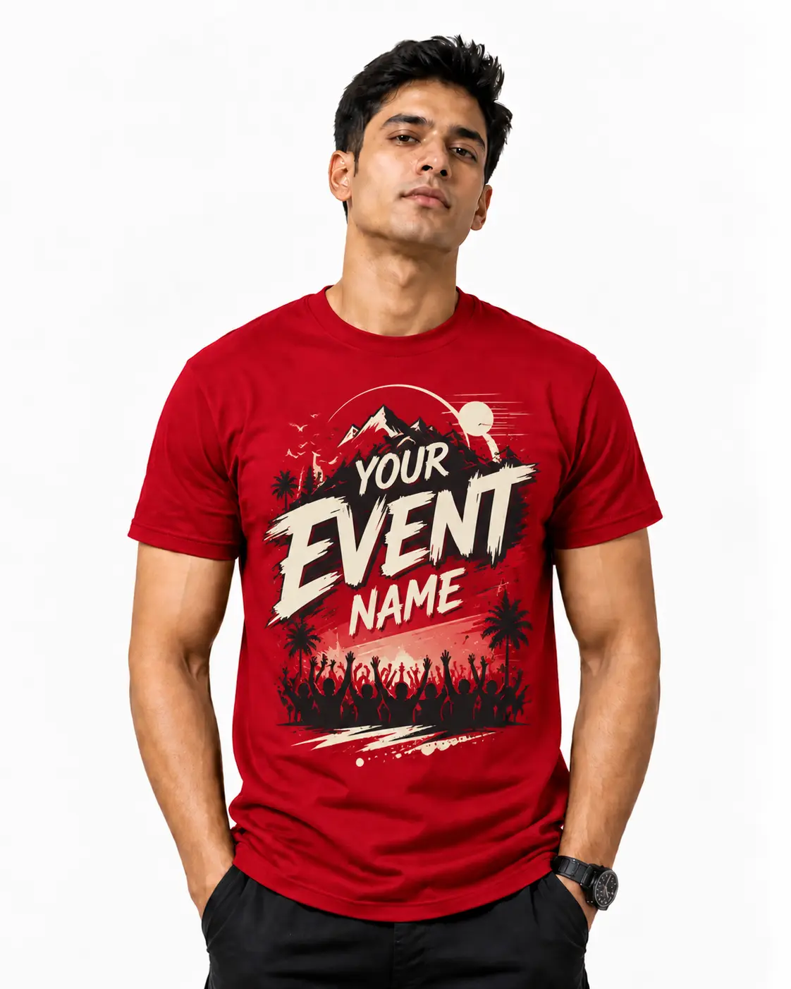 Red customised event T-shirt with bold event lettering, a mountain illustration and crowd graphics for festivals, college events and promotional activities.