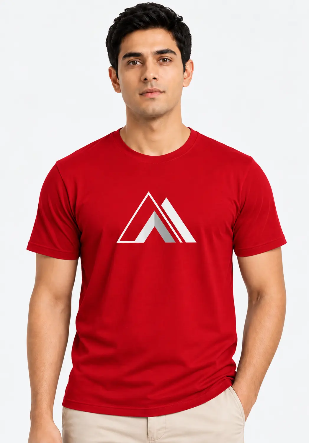Red customized T-shirt with a contrasting geometric chest logo and half sleeves, suitable for promotional T-shirts and branded apparel.