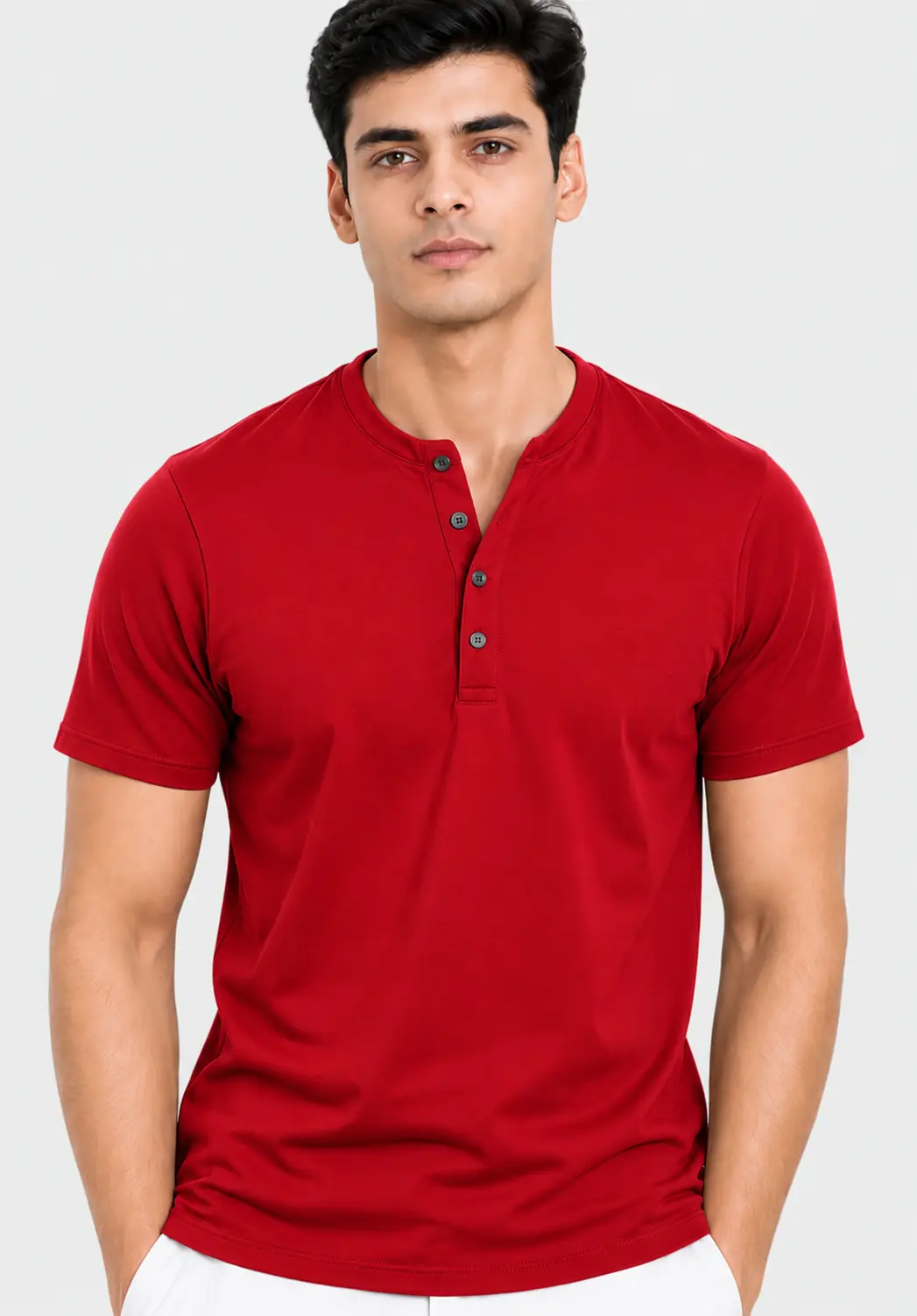 Red Henley neck T-shirt for men featuring half sleeves, a short button placket and a clean casual fit.