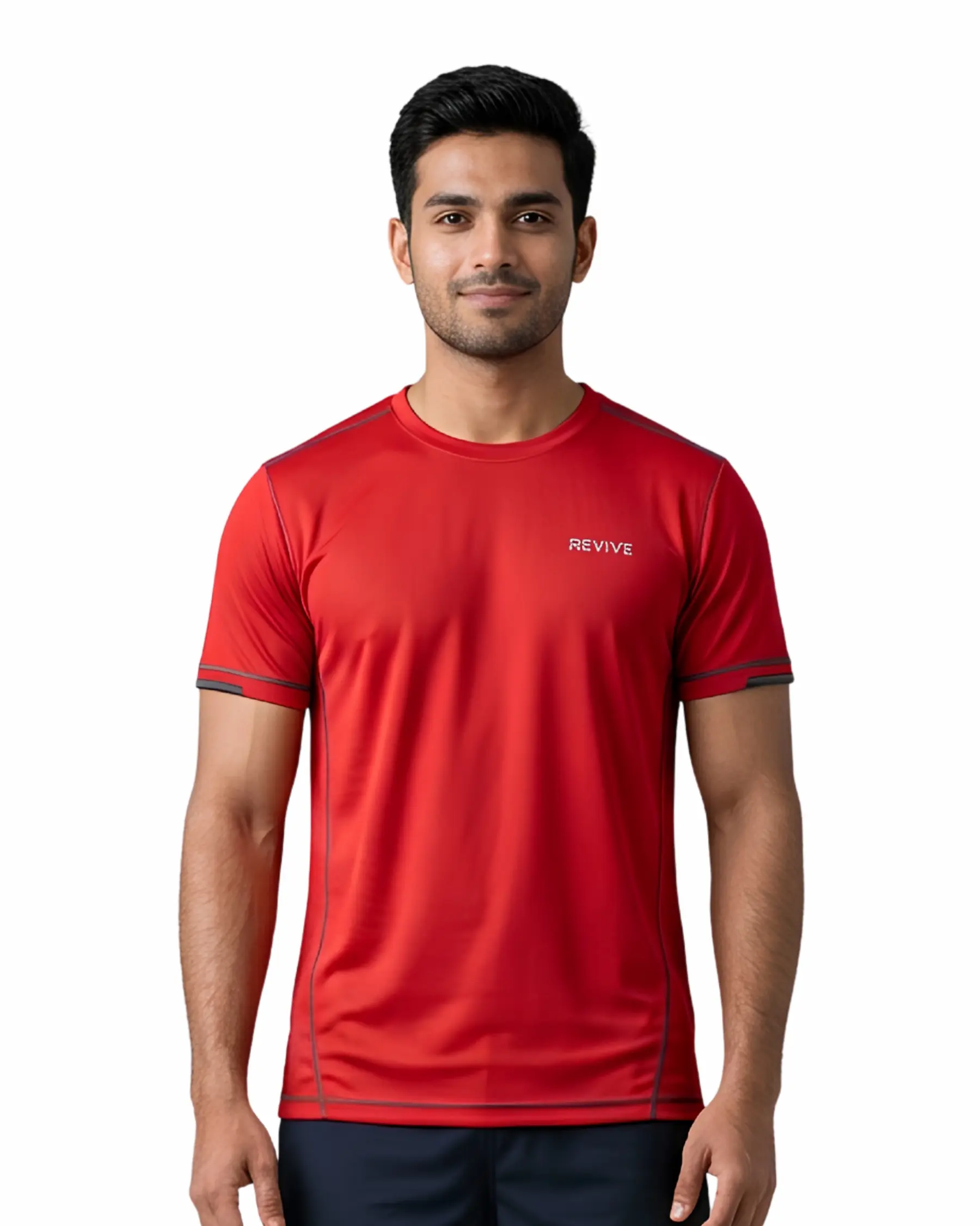Custom Red Polyester Round Neck T Shirt for Men with Logo Printing for Promotional Events, Staff Uniforms and Sports Teams