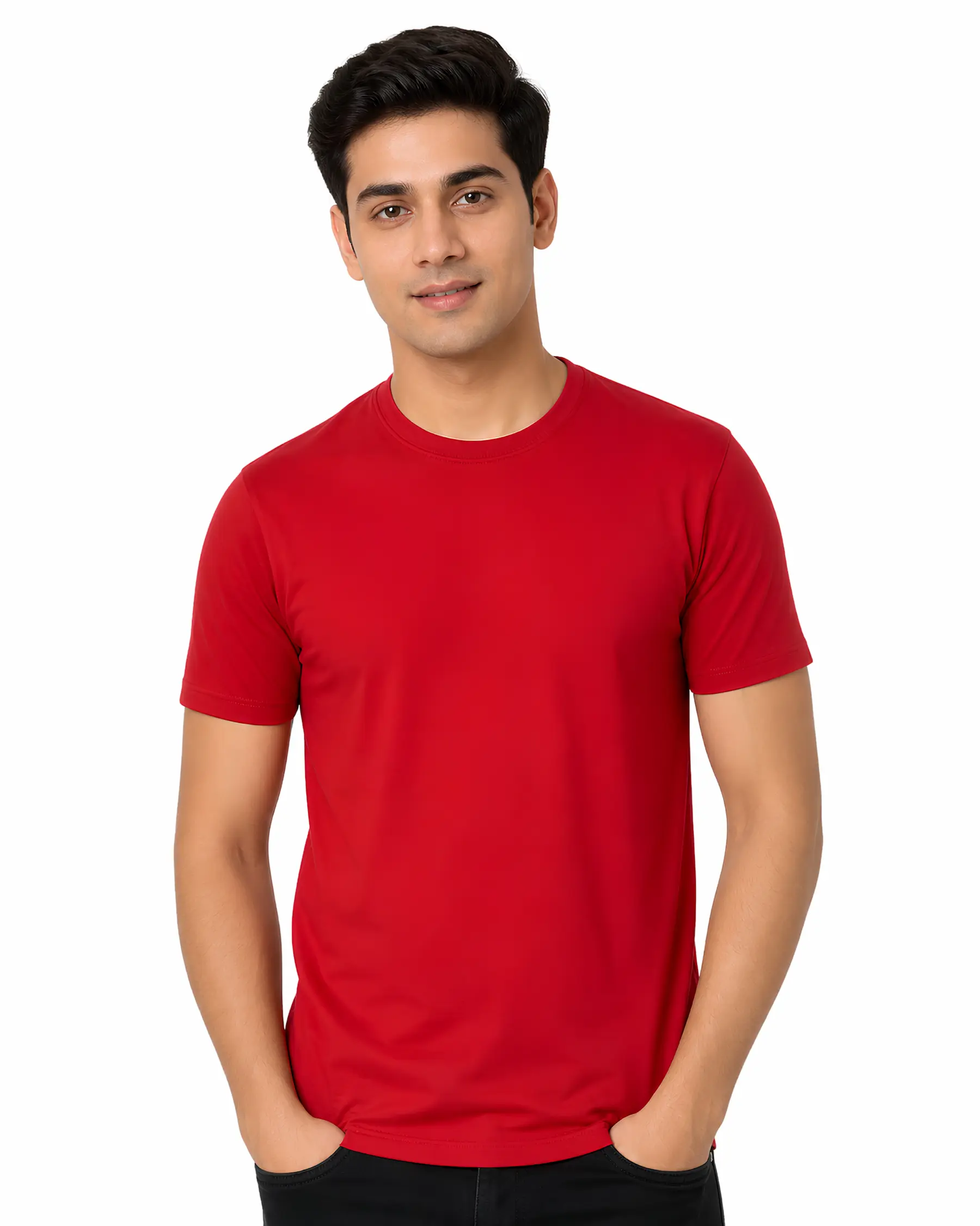 red plain cotton round neck t shirt for men