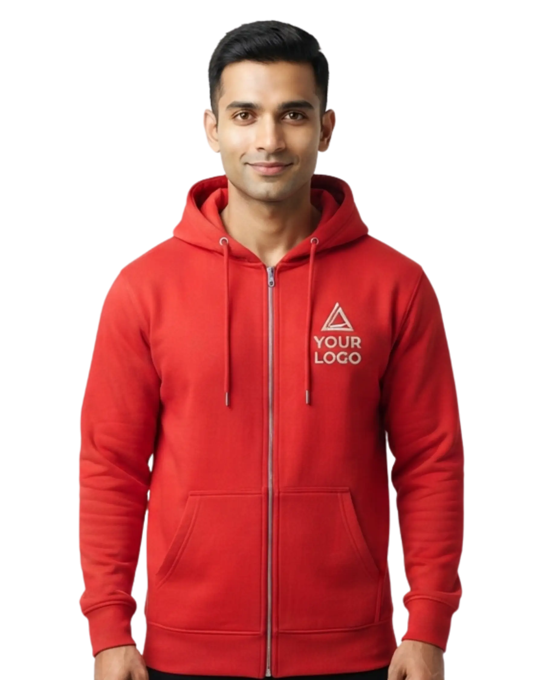 red zipper hoodie front embroidered