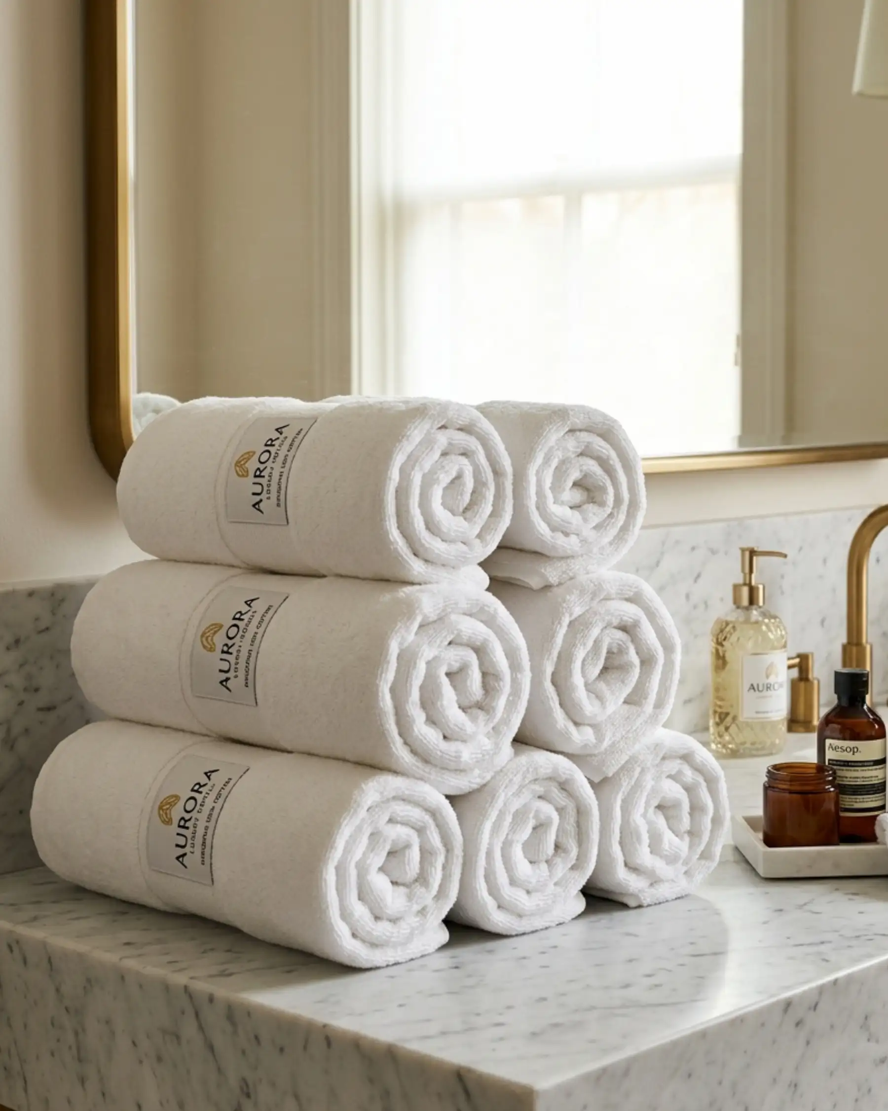 White ring spun cotton bath towels rolled in a luxury hotel bathroom