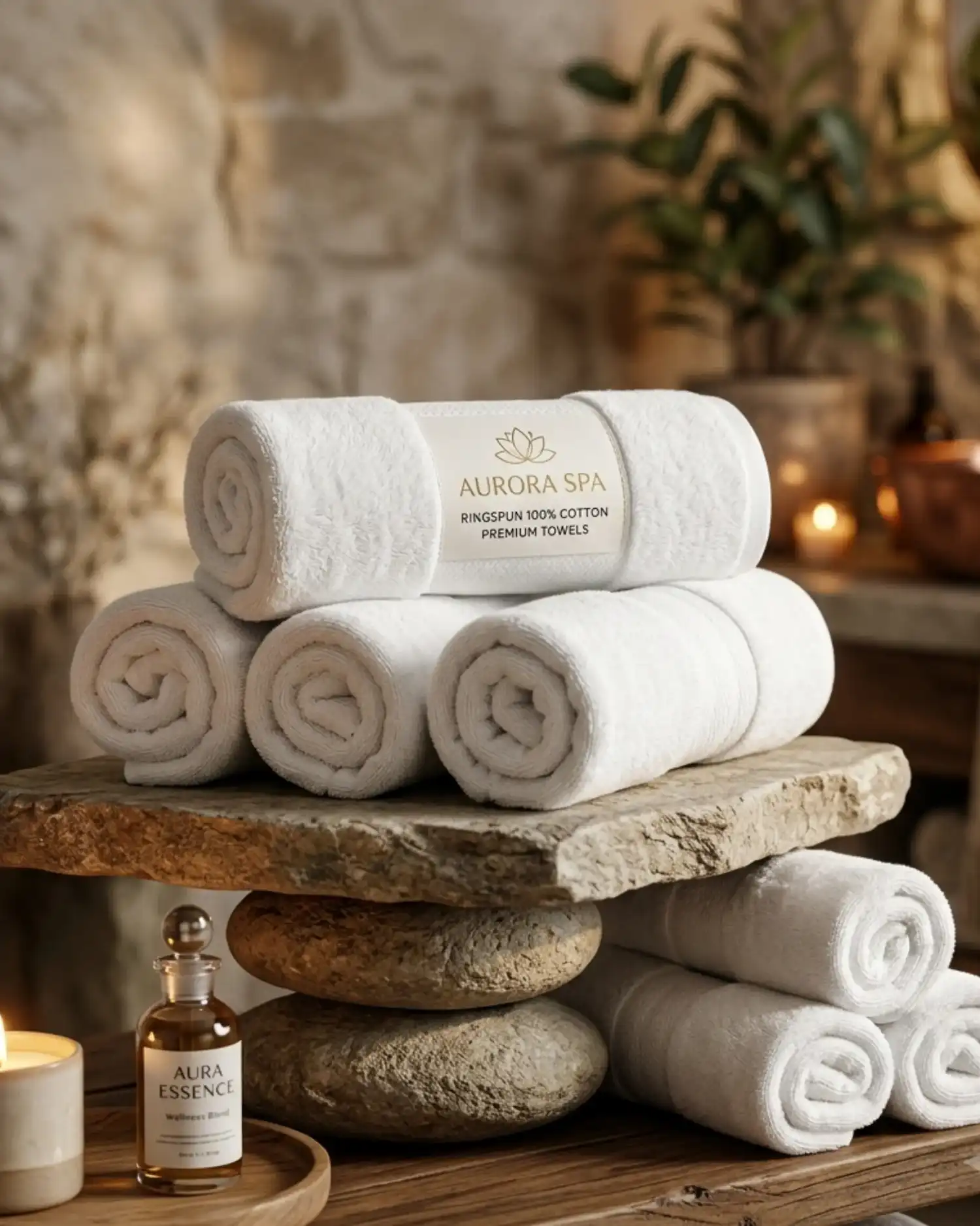 White ring spun cotton spa towels rolled and arranged in a relaxing spa setting