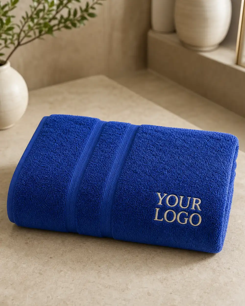 Royal blue custom embroidered promotional towel with logo, suitable for sports teams, gyms and promotional giveaways.