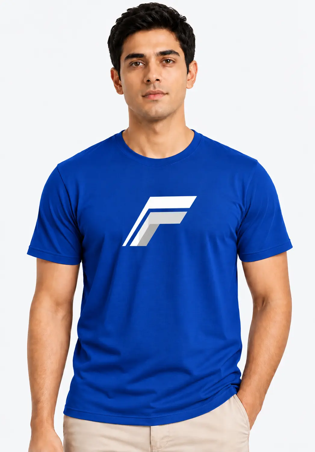 Royal blue custom logo T-shirt with a white geometric chest design, crew neck and half sleeves for branded T-shirts and promotional events.