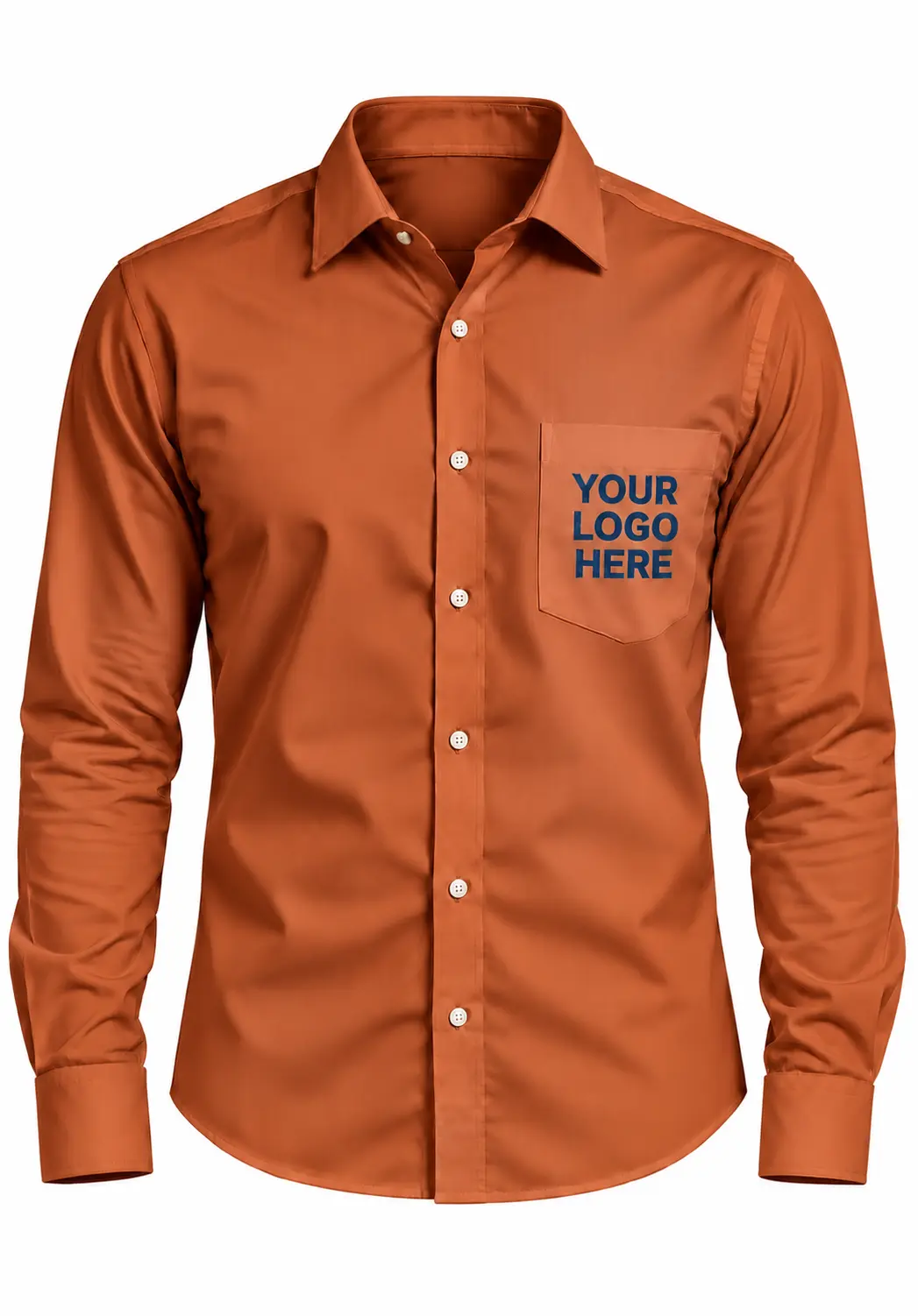 Rust orange formal embroidered shirt for men with full sleeves and custom logo on the chest pocket.