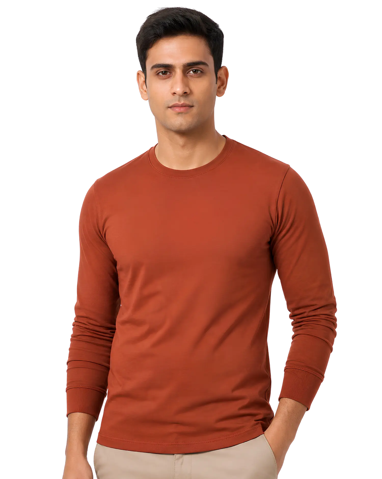 Rust round neck full sleeve t shirt for men for custom branding