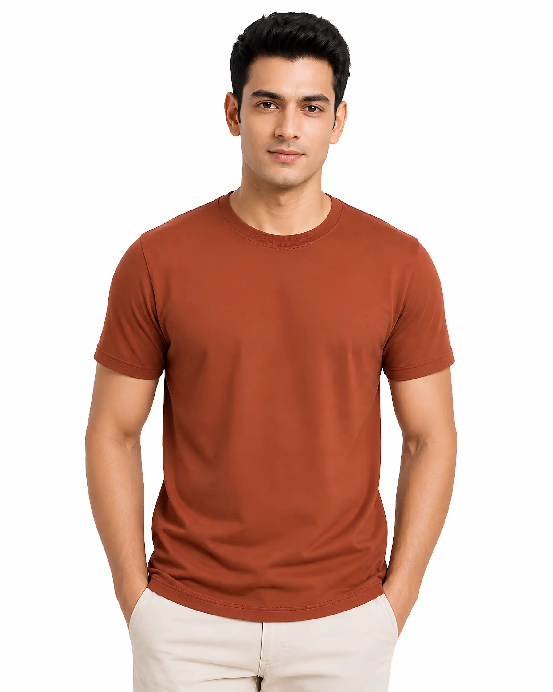 rust brown plain cotton round neck t shirt for men