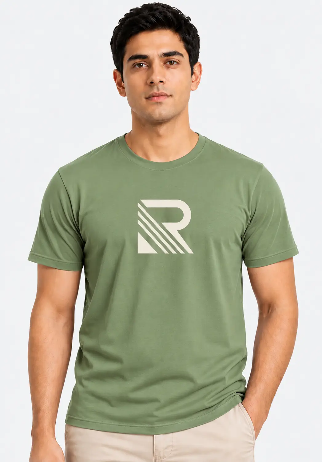 Sage green brand logo T-shirt for men with a cream geometric chest design, suitable for custom logo T-shirts and corporate team apparel.