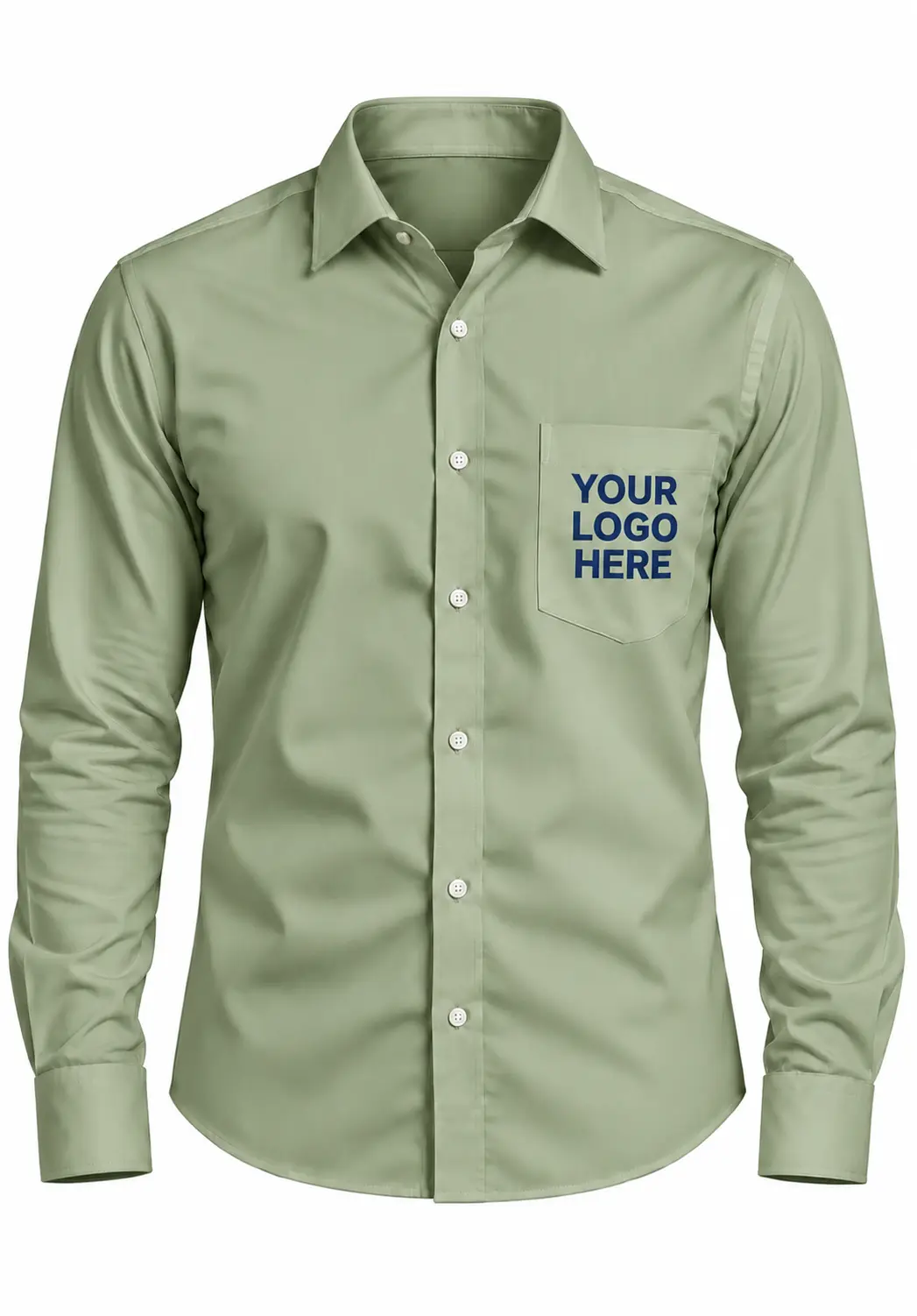 Sage green cotton formal shirt for men with full sleeves and custom embroidered chest pocket branding.