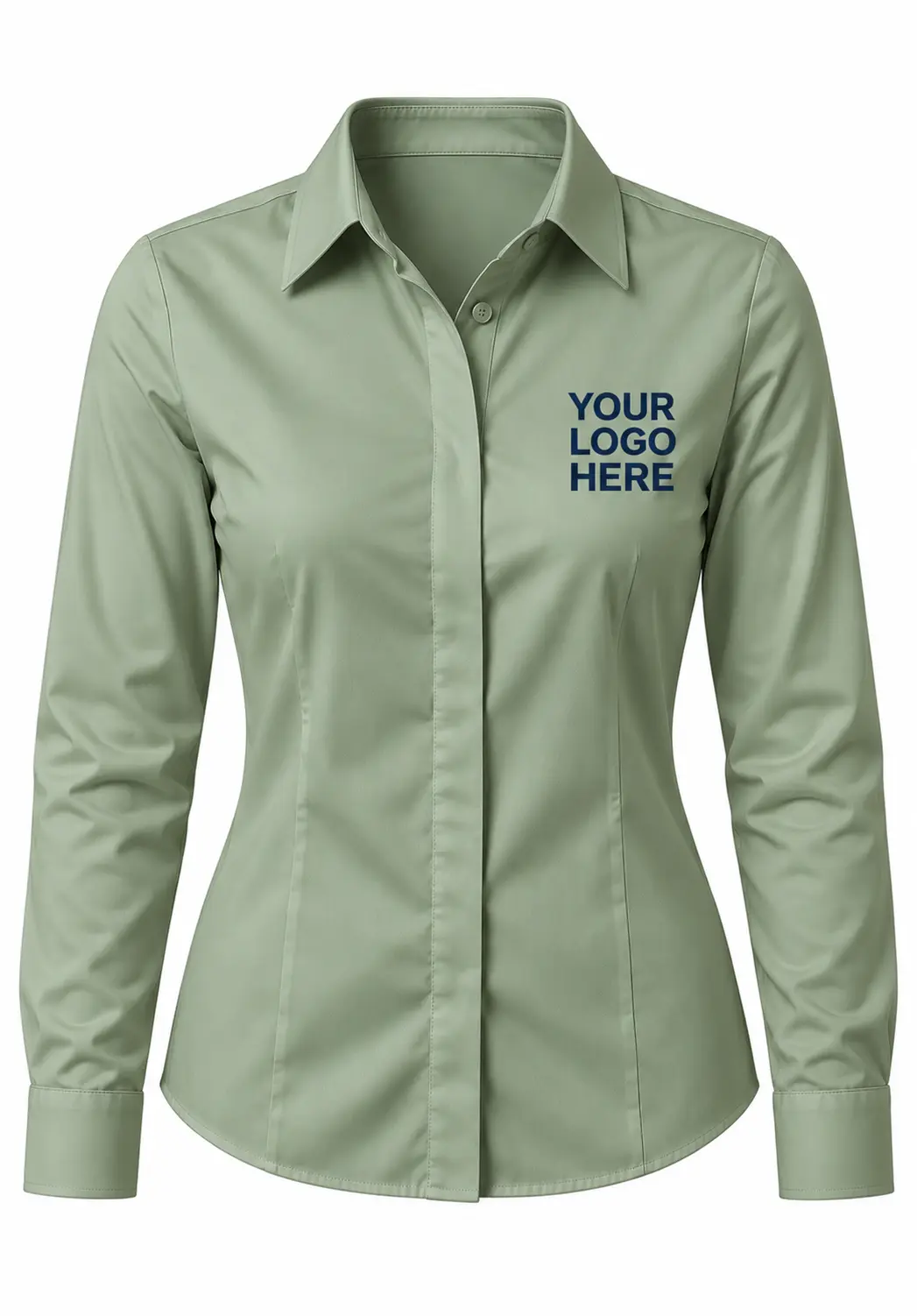 Sage green women's shirt with a navy chest logo, designed for custom embroidered corporate apparel.