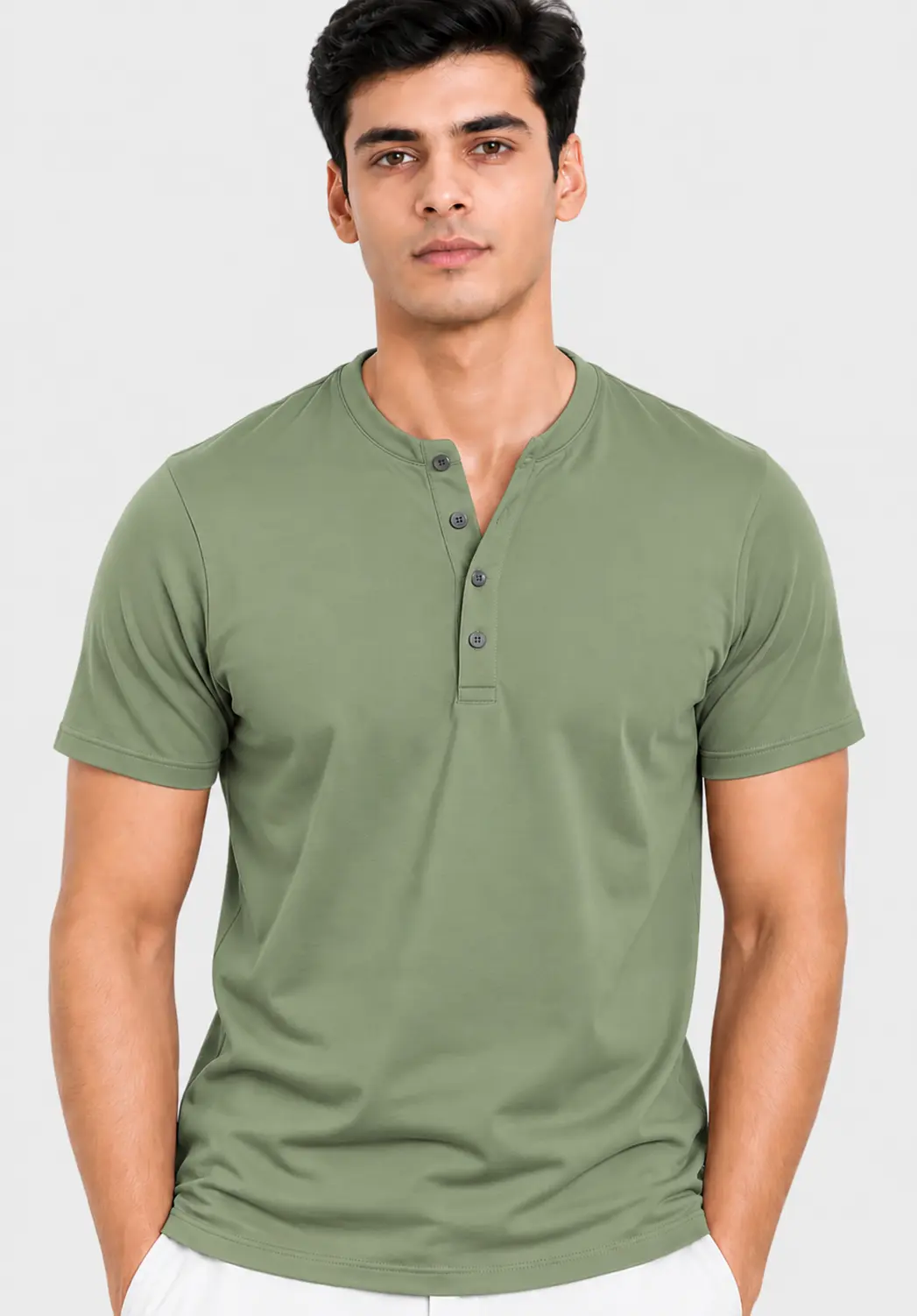 Sage green men's Henley collar T-shirt with half sleeves, a four-button placket and a comfortable everyday fit.