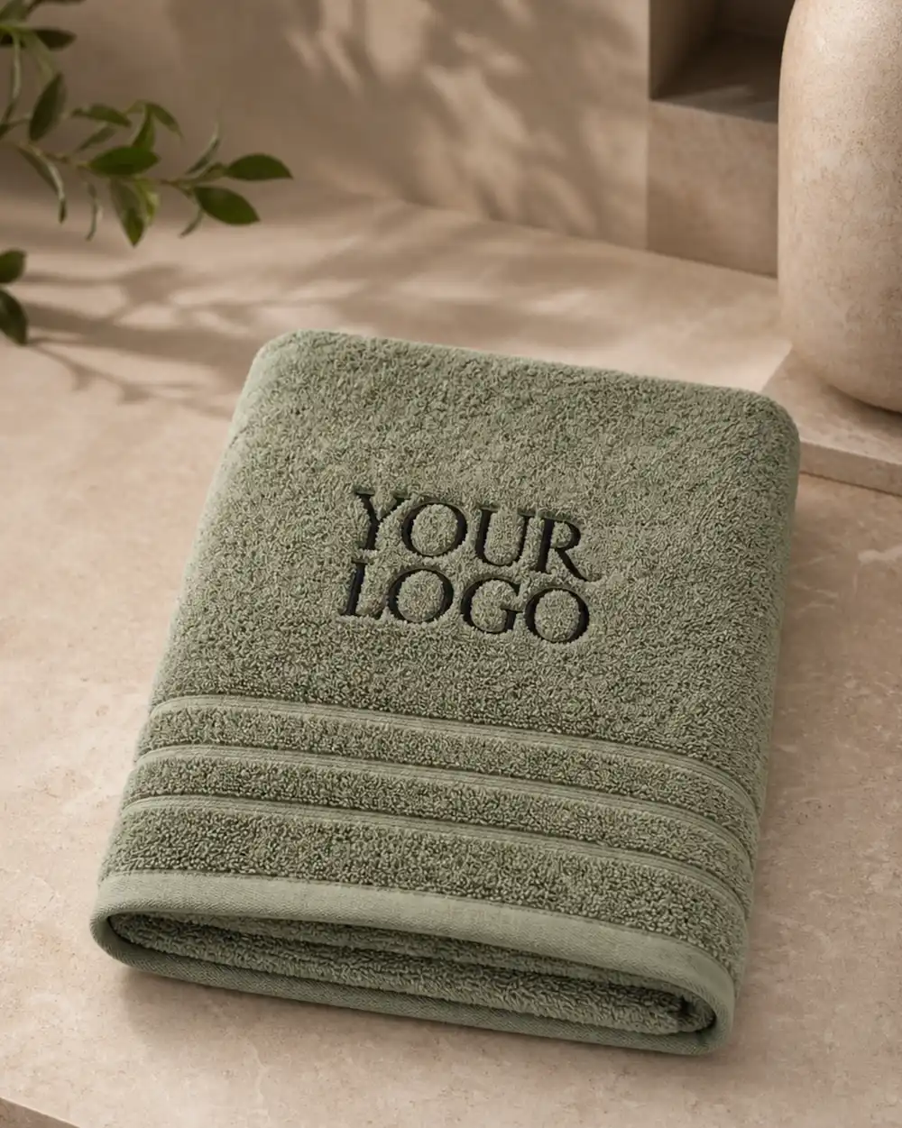 Sage green promotional towel with custom embroidered logo, ideal for corporate gifts and wholesale orders.
