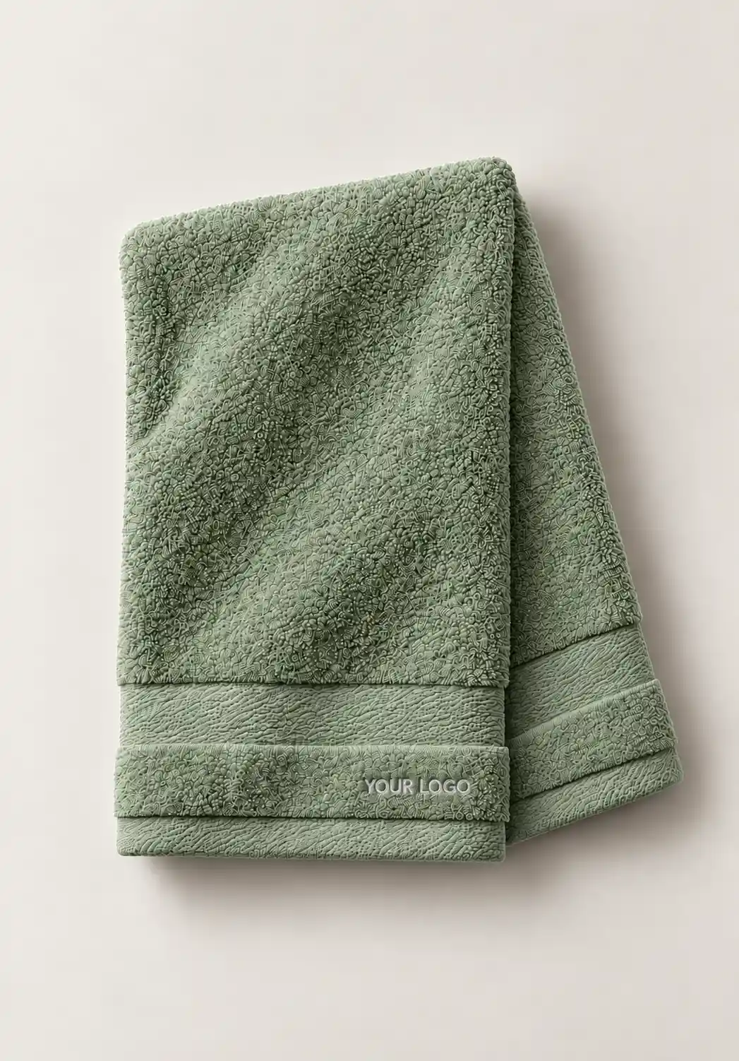 Sage green textured hand towel with custom logo embroidery.
