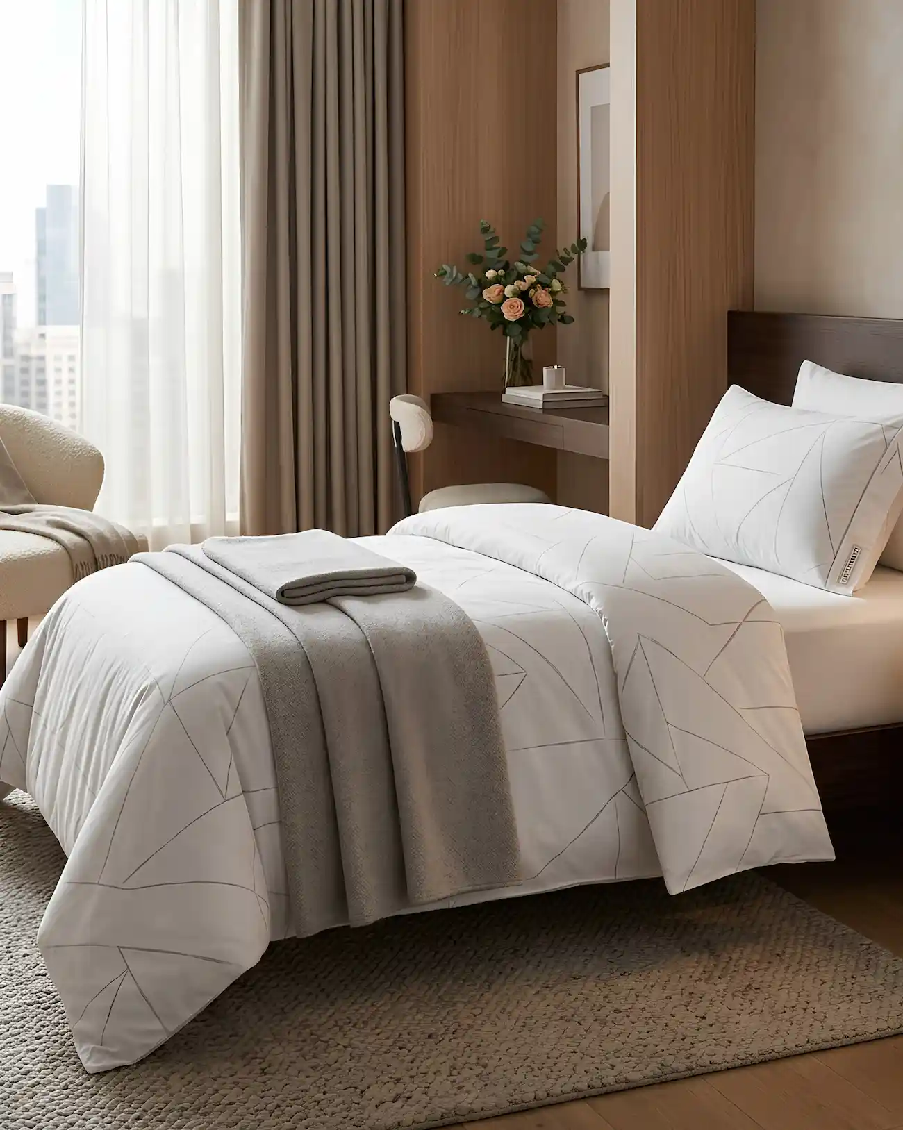Modern single cotton bedsheet with pillow cover featuring a minimal line pattern, ideal for hotels, hostels, hospitals and corporate gifting.