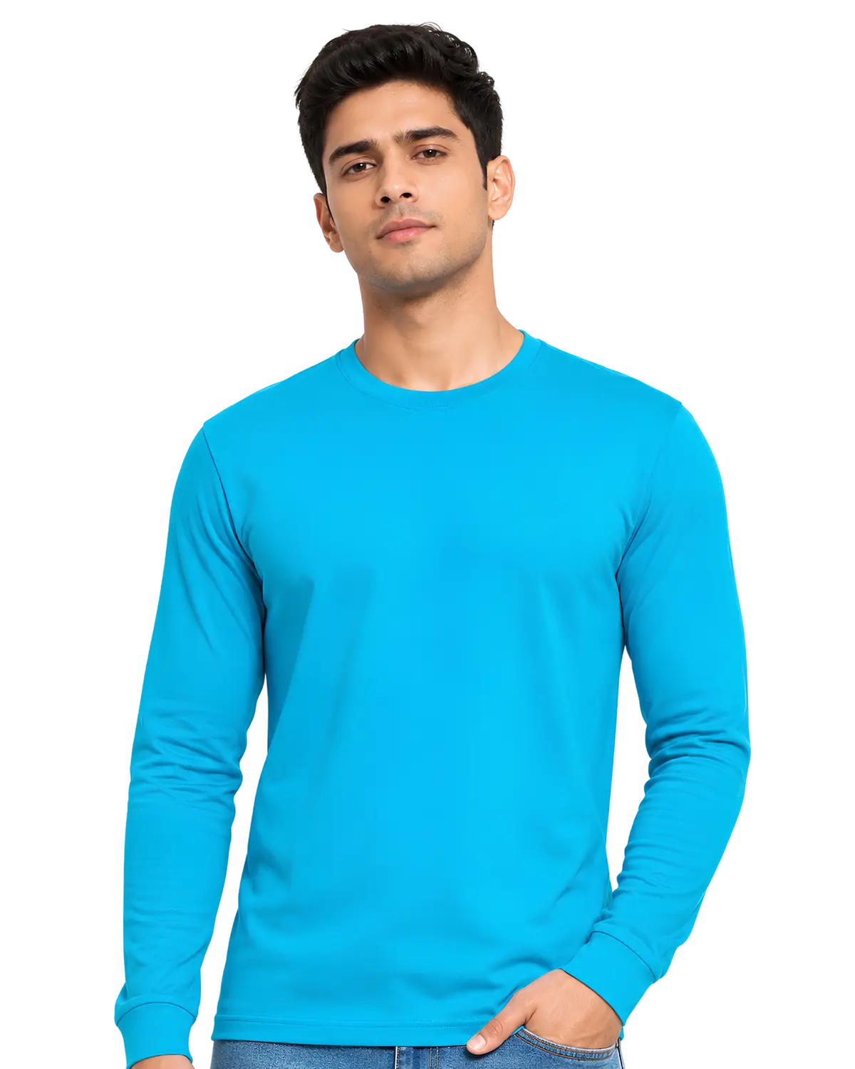 Sky blue round neck full sleeve t shirt for men for custom branding