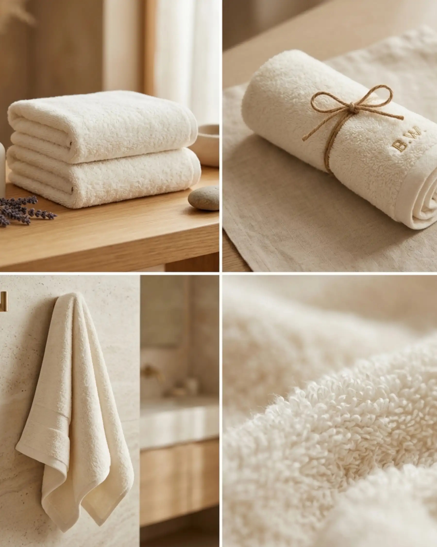 Soft baby towels in ivory cream with custom embroidered baby towel design, folded and rolled cotton towels